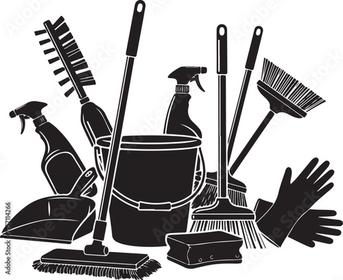 Cleaning tools and supplies in a black and white illustration