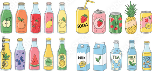 Collection of Colorful Beverage Bottles and Cans with Various Fruit Flavors, Including Soda, Juice, Tea, and Milk for Refreshing Drink Illustrations