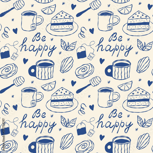 Sweet, handdrawn doodles of tea, cake, and honey with 'Be happy' text