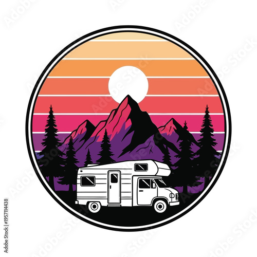 A vintage style illustration of a camper van parked in front of mountains at a colorful sunset