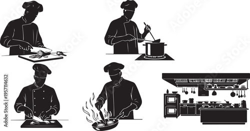 Silhouette of chef cooking in kitchen with various utensils tools