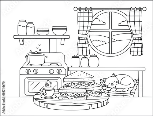  Sandwich coloring page shows a tasty lunch and a sleeping cat in a kitchen