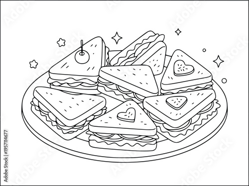 Sandwich coloring page displays many triangle snacks on a round dinner plate