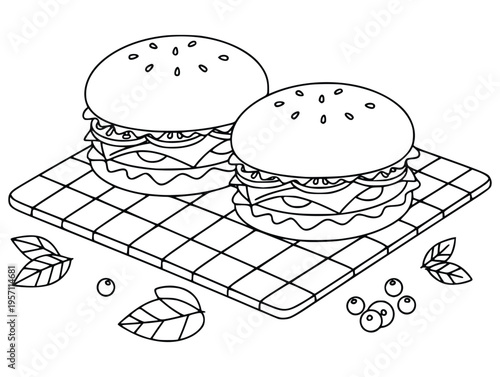 Burger coloring page shows two large sesame seed snacks on a checkered board