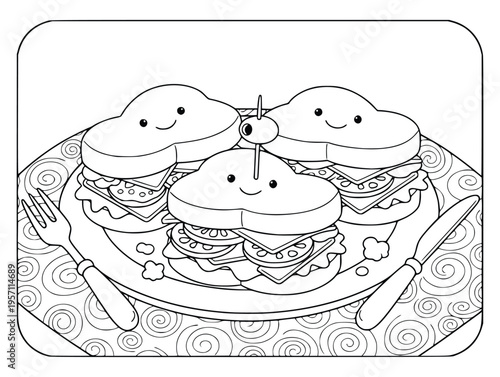Sandwich coloring page shows three cute heart shaped snacks served on a plate