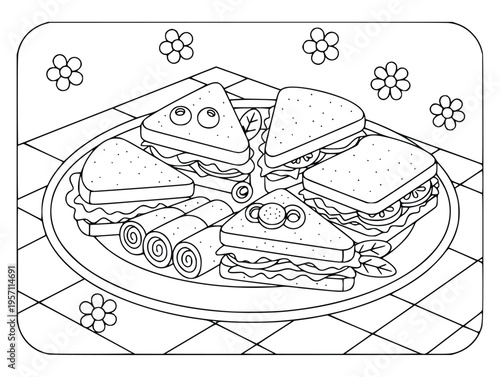 Sandwich coloring page shows five triangular snacks served on a round plate