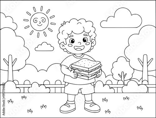Sandwich coloring page shows a happy young boy holding a snack in the garden
