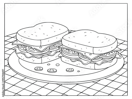 Sandwich coloring page shows two large delicious snacks on a round dinner plate