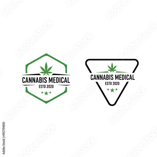 Modern vector badge designs featuring a stylized botanical leaf and medical text for health concepts