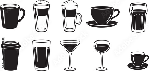 Various types of cups and glasses for drinks illustration set