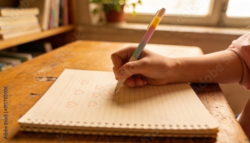 Student writing with chalk on sidewalk in sunlit close crop with white letters and texture