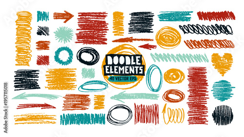 Hand drawn scribble lines with crayon pencil texture. Doodle sketch brush strokes, chalk scrawl of arrow, circle and squiggle shapes. Abstract black crayon scribbles set, vector illustration