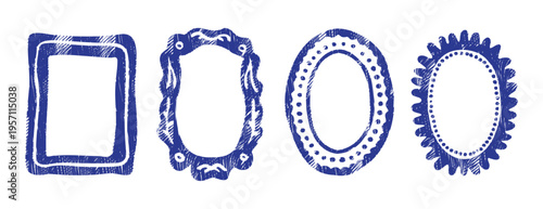 Blue hand-drawn frame set with crayon and linocut textures. Decorative doodle borders, wobbly shapes, and naive ink elements isolated on white for creative design projects