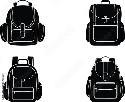 Backpack travel school luggage vector silhouette icons set