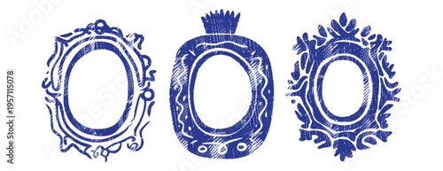 Set of  ornate oval crayon frame borders. Hand drawn linocut style, vintage blue ink decoration with swirls and leaves. Isolated vector illustration