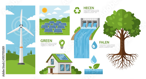 Set of 6 eco friendly icons vector, green energy, sustainable living