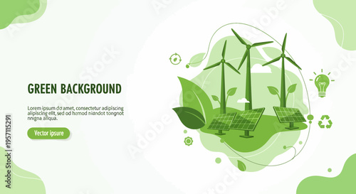 Vector eco friendly background with green wind turbines and leaves