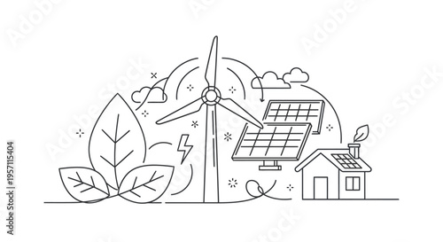 Vector illustration of renewable energy with solar panel and wind turbine