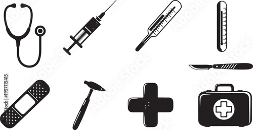 Medical icons and tools for healthcare professionals on white background