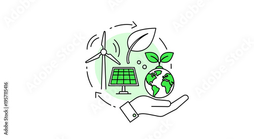 Vector eco friendly icon with hand holding earth, solar panel, wind turbine and green leaves
