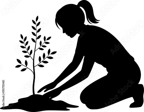 Black silhouette of a woman planting a young tree sapling representing reforestation environmental conservation