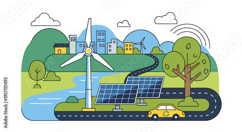 Vector illustration of eco-friendly cityscape with renewable energy sources