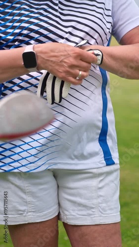 Close-up of a senior woman putting on a golf glove while wearing a smartwatch. High-tech sports integration, authentic active aging, and healthy lifestyle concept on a green course.