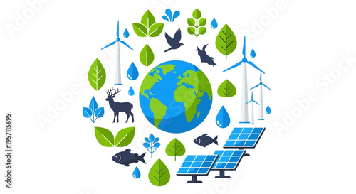 Earth surrounded by nature and renewable energy elements.