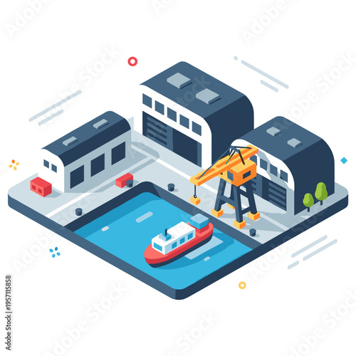 Isometric shipyard with crane and cargo ship near water dock