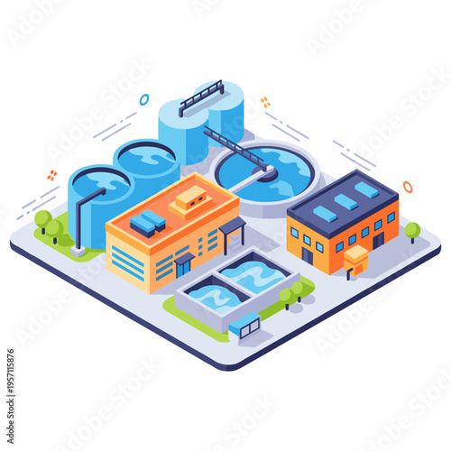 Modern isometric water treatment plant with reservoirs and buildings