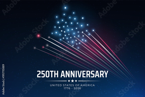 250th anniversary of the USA. 250 years independence. Banner 4th of july usa independence day. American colorful fireworks, dark sky background. Fireworks US flag. Fourth of july. Vector illustration