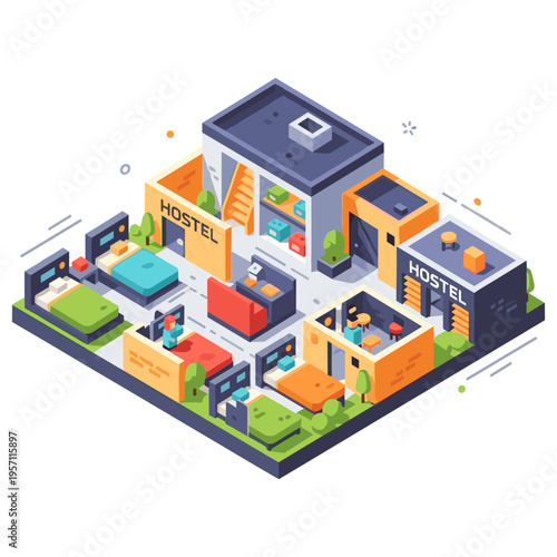 Isometric design of a modern hostel with vibrant colors and unique layout