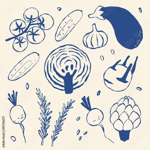 Hand-drawn vegetable set in blue ink on cream background