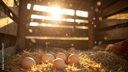 A chicken coop interior where several fresh eggs rest in straw-lined nests. 