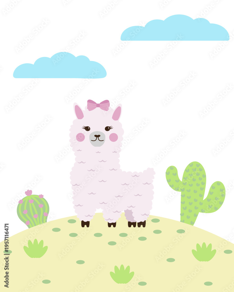 Fototapeta premium Cute llama with a pink bow and cacti