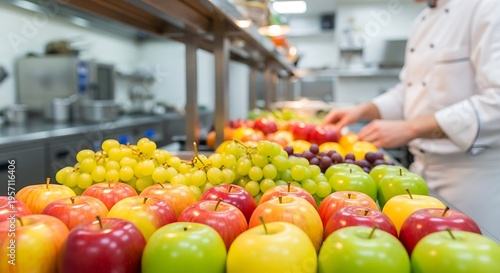 Fresh fruit display in commercial kitchen apples green apples
