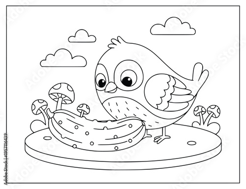 Bird coloring page showing a cute cartoon bird eating a worm in simple line art