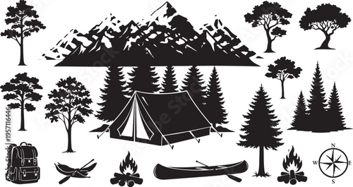 Camping in the mountains with trees and outdoor gear icons