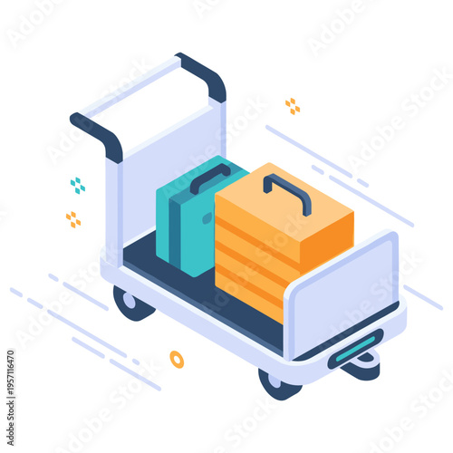 Isometric luggage cart with suitcases in motion on white background. No editable stroke