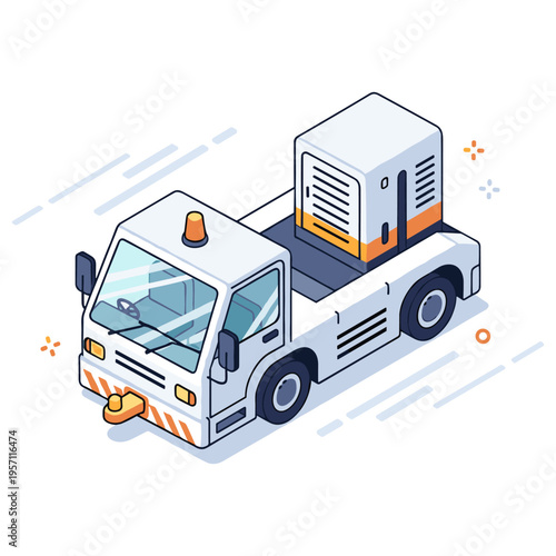 Isometric illustration of airport ground service vehicle towing luggage cart. No editable stroke