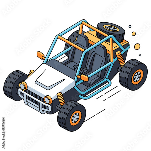 Cartoon style off-road buggy illustration with bright colors and rugged design. No editable stroke