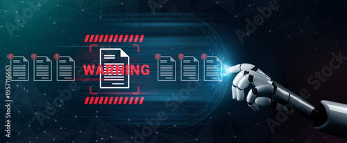 Foto A futuristic robotic hand points at a warning symbol amidst document icons, representing data security threats in a dynamic digital landscape