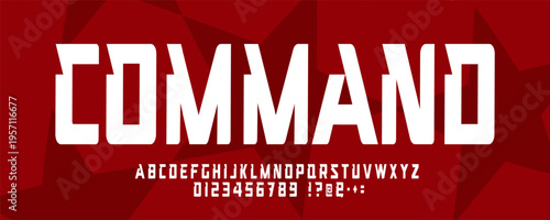 Command font alphabet, bold condensed uppercase letters. Block display typeface with numbers, punctuation, on red stars background for sports logo, poster game. Competition fonts. Vector Typeset