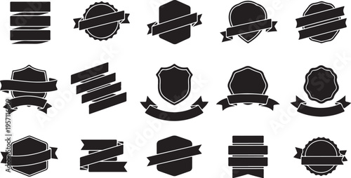 Collection of black label and badge icons on white background
