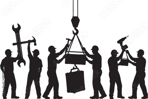 Silhouette of workers with tools and equipment in industrial setting