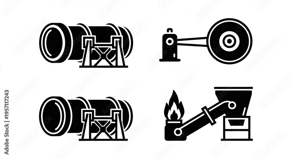 Fototapeta premium Collection of industrial pipeline and power generation icons representing oil and gas industry infrastructure and equipment