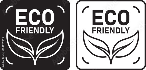 Eco Friendly Label Icons Set with Leaf Symbol in Black and White
