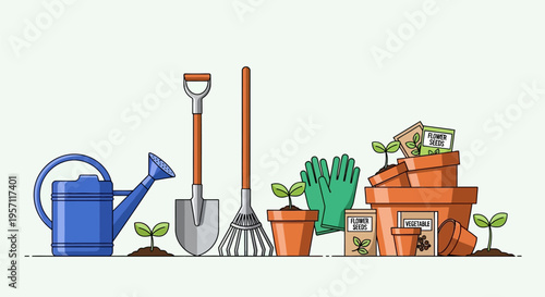 Gardening tools and supplies for planting and growing plants.