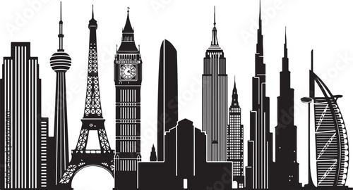 Black and white city skyline with famous landmarks illustration
