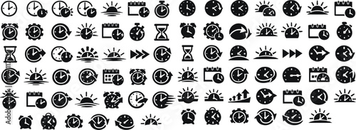 30 Daylight Saving Time Starts Solid Black Silhouette Clock Change Icons Set on White Background